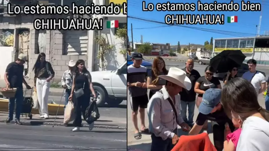 Grupo de personas ayudan a una pareja de adultos mayores a vender toda su mercancía