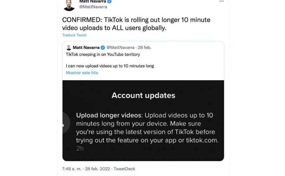 TIKTOk AUMENTA A 10 MINUTOS SUS VIDEOS