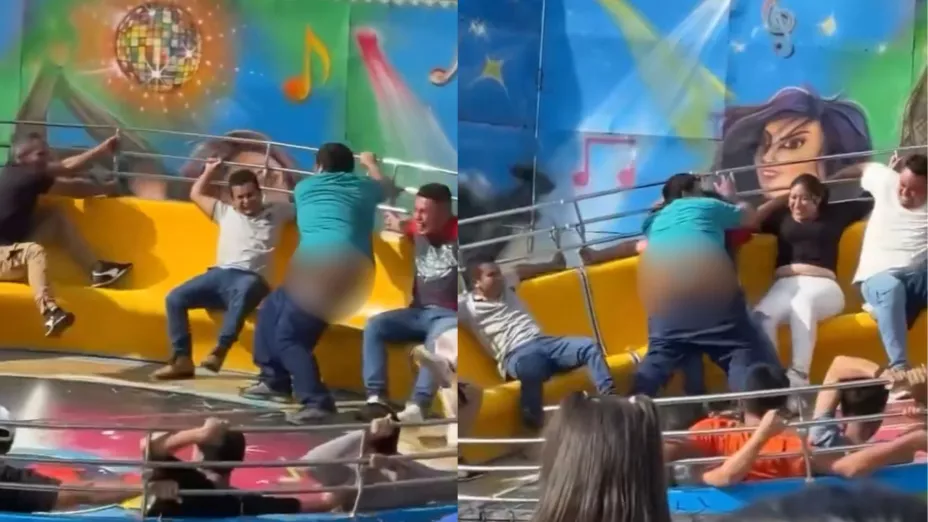 VIDEO | Se le bajan los pantalones a joven durante un juego mecánico