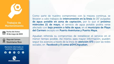 corte de agua en playa del carmen el próximo miércoles 21 de mayo