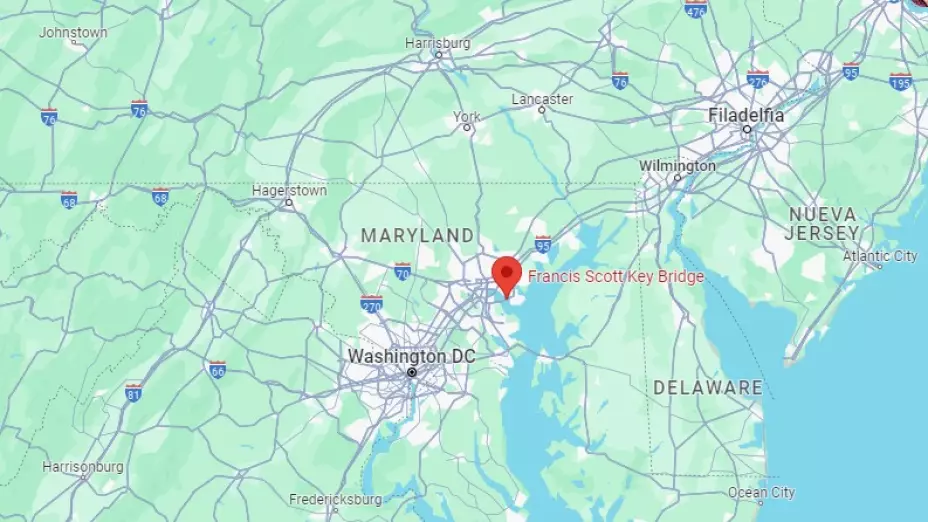Esta es la ubicación del puente Francis Scott Key de Baltimore.