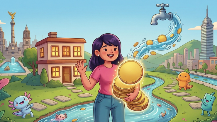 Ilustración de una mujer frente a una casa en la Ciudad de México, mientras un chorro de agua sale de una llave y se mezcla con monedas doradas, en alusión al descuento en el pago del agua.
