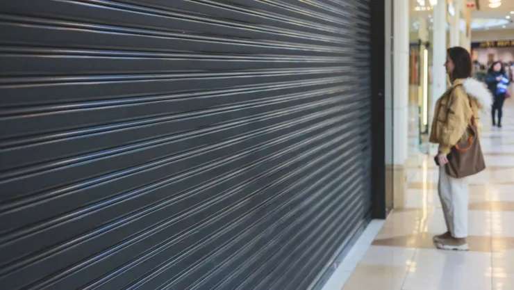 Una mujer está parada frente a una tienda cerrada.