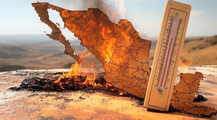 (Imagen generada con IA) Un mapa de la República Mexicana a lado de un termómetro rodeado de fuego por las altas temperaturas que traerá la temporada de calor.