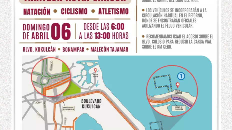 Tráfico Cancún HOY: Cierres y desvíos por Triatlón Astri en Zona Hotelera este 6 de abril