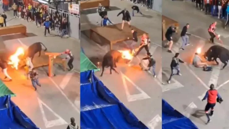 Hombre es embestido por un toro con fuego en los cuernos
