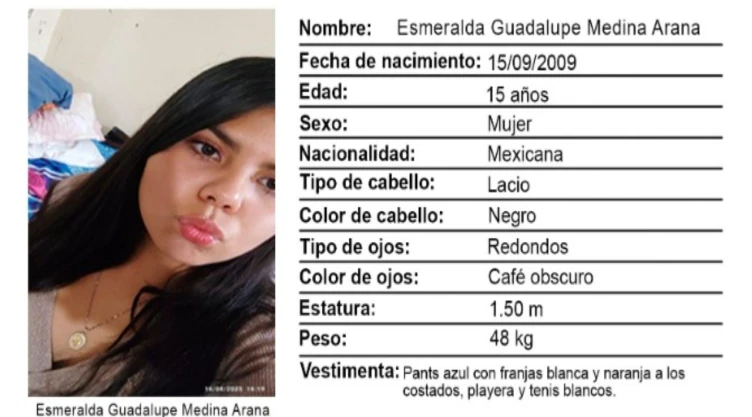 Activan Alerta Amber en Guanajuato: Desaparecen menores en Celaya y León; piden ayuda urgente. En la imagen se observa la ficha de búsqueda para localizar a Esmeralda Medina Arana.