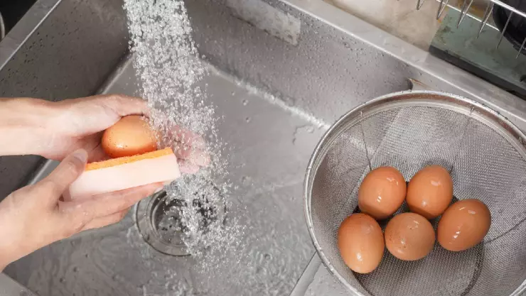 una mujer limpia cuidadosamente los huevos por la bacteria