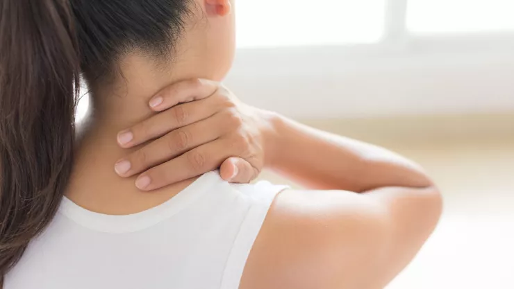 Closeup Woman Neck And Shoulder Pain And Injury. Health Care And