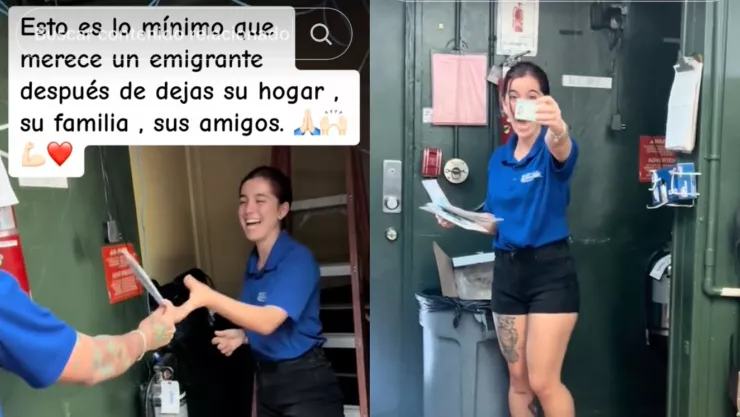 Dos fotos en las que se ve a Patricia Cruz cuando recibe su Green Card de la mano de sus compañeros.