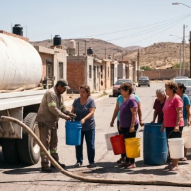 Vecinas hacen fila en la calle con cubetas y tambos para recolectar agua de una pipa ante los cortes de agua masivo en Chihuahua.
