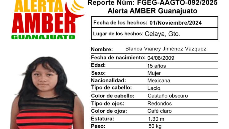 Alerta Amber Guanajuato de la adolescente Blanca Vianey Jiménez Vázquez de 15 años, en Celaya, Guanajuato.png