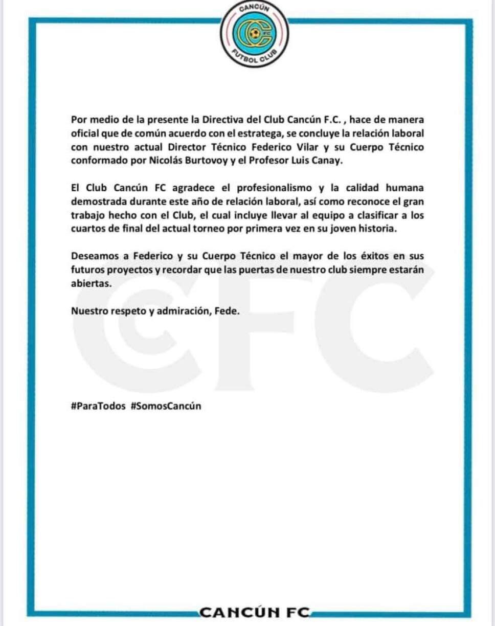 CANCUN FC ANUNCIA LA SALIDA DE federico vilar