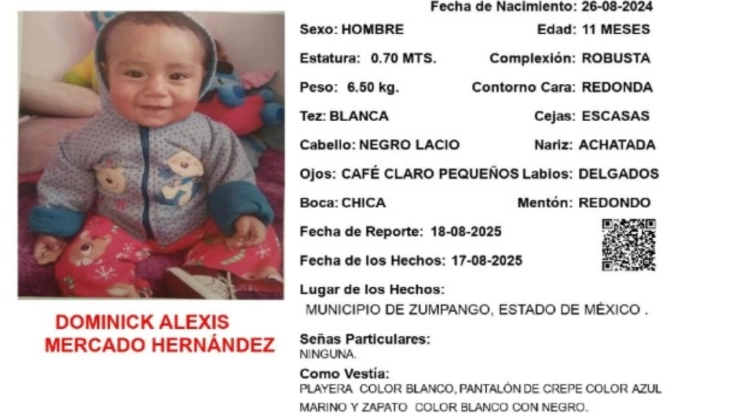 Activan Alerta Amber urgente en el Edomex tras desaparición de dos menores; temen por sus vidas. En la imagen se observa la ficha de búsqueda de Dominick Mercado Hernández, menor de 11 meses que desapareció en Zumpango.