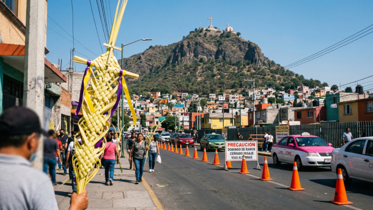 Una imagen cinematográfica de alta calidad, al estilo fotoperiodístico, de una mañana soleada en Iztapalapa, Ciudad de México. En primer plano, una rama de palma tradicional (domingo de ramos) y una calle borrosa con conos de tráfico naranjas. Al fondo, una vista clara del Cerro de la Estrella. El ambiente es vibrante y organizado, transmitiendo tanto un evento religioso como una alerta de tráfico urbano.