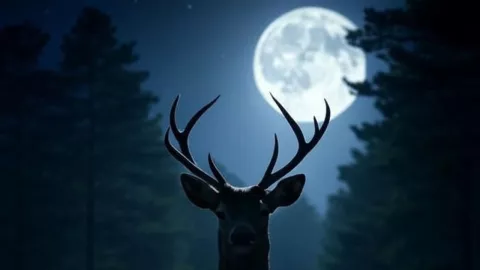 (Imagen generada con IA) las astas de un ciervo con la Luna a medianoche detrás.