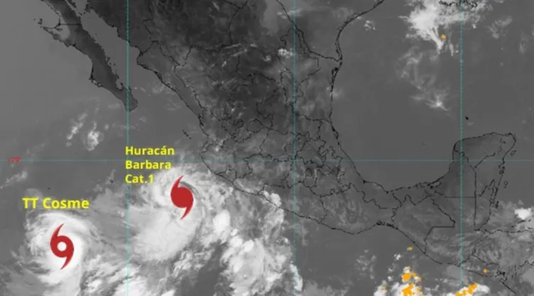 Mapa satelital del efecto Fujiwhara en el océano Pacífico.