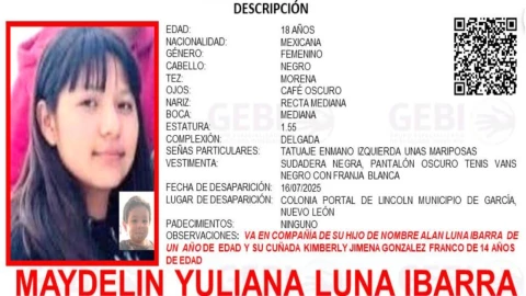 Desaparece joven madre con su bebé y su cuñada de 14 años en García, NL; Fiscalía investiga. En la imagen se plasma la imagen de Maydelin Yuliana Luna Ibarra
y su pequeño Alan Luna, de quienes se desconce su paradero y urge su localización.