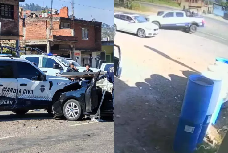 patrulla choca en carretera Pátzcuaro-Quiroga en Michoacán