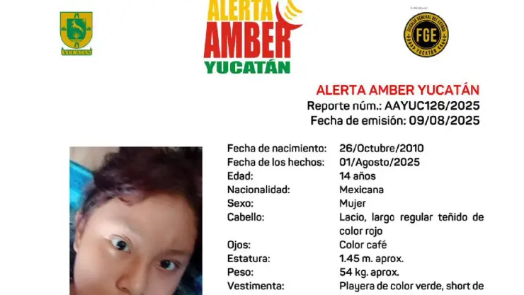 Alerta Amber en Yucatán_ Luz Yelena tiene 14 años y desapareció hace 10 días, esto se dijo la FGE