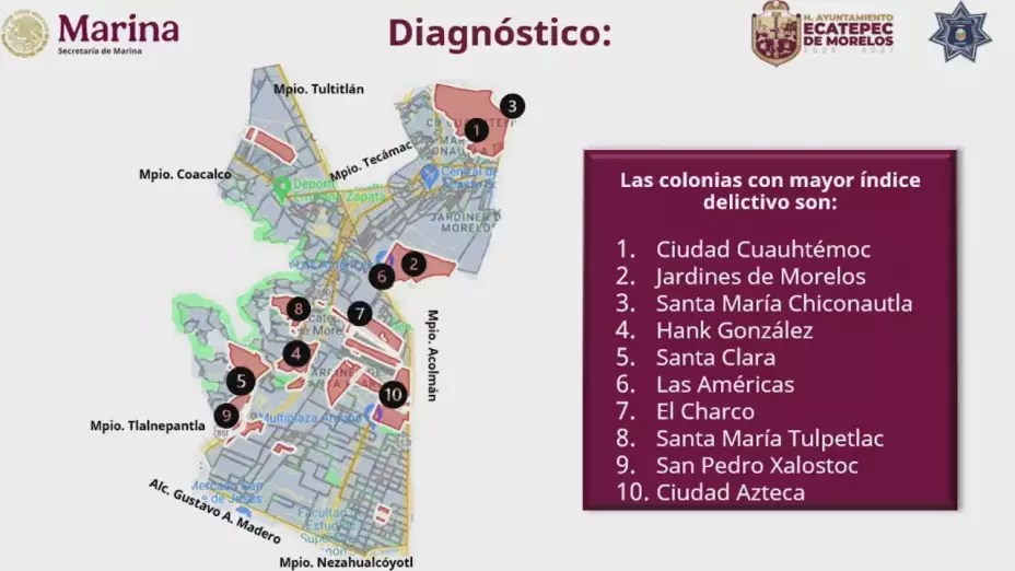 Lista de las 10 colonias en Ecatepec con mayor índice delictivo.