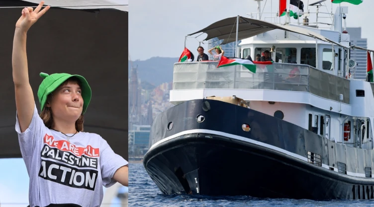 La activista greta thunberg a bordo de un barco de la flotilla de ayuda a gaza. la imagen muestra su participación en la misión que busca romper el bloqueo israelí y entregar ayuda humanitaria.