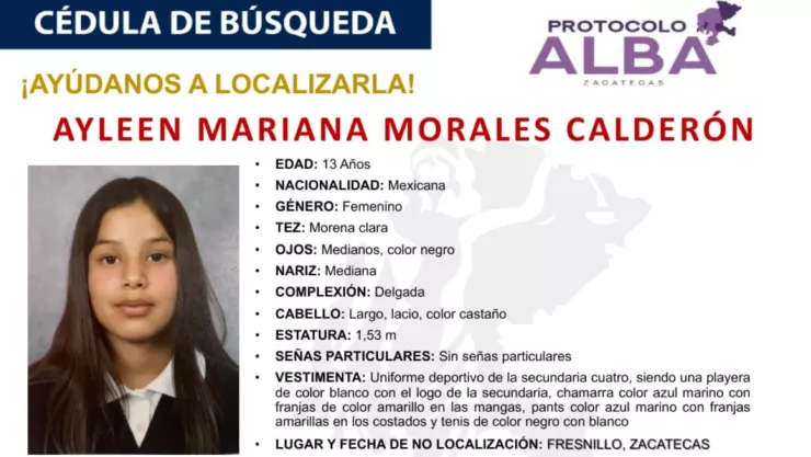 Alerta AMBER Zacatecas Desaparece Ayleen Mariana Morales Calderón de 13 años; esto es lo que se sabe