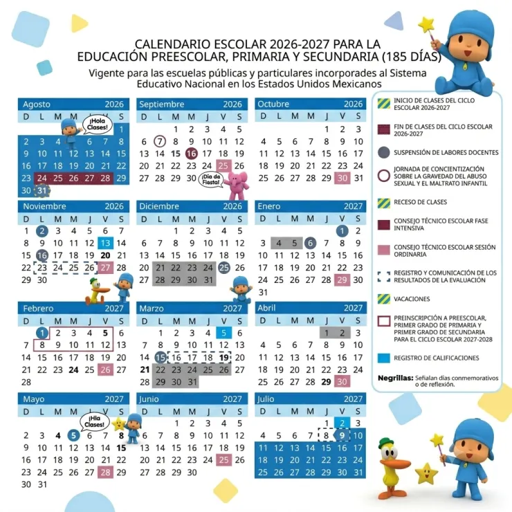 Calendario escolar 2026 SEP de Pocoyó