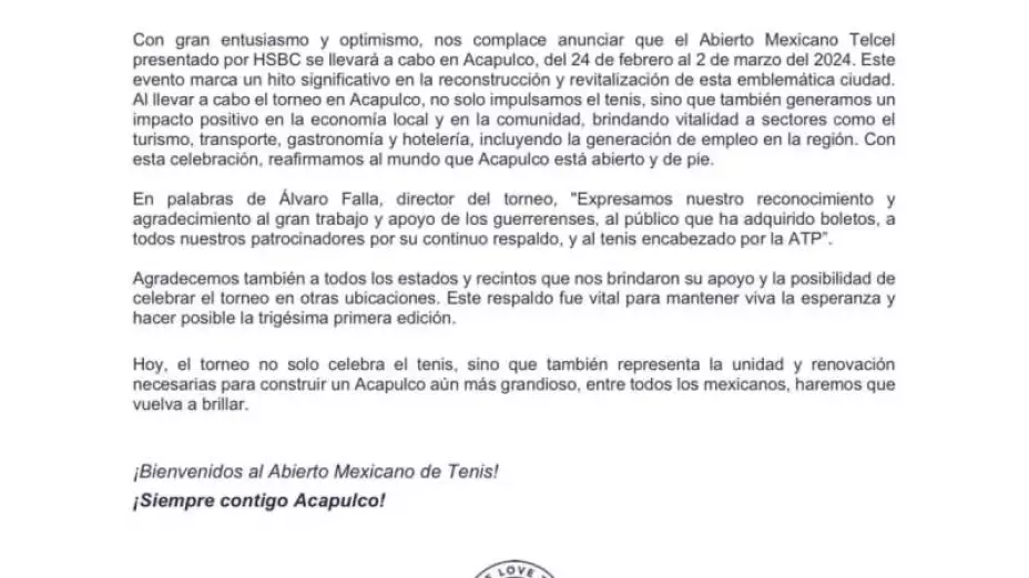 Comunicado del Abierto Mexicano de Tenis