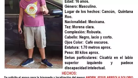 Buscan a Andrik Jesus Arreola de 16 años, está desaparecido en Cancún