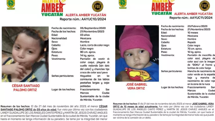 Activan Alerta Amber por desaparición de dos bebés en Yucatán.