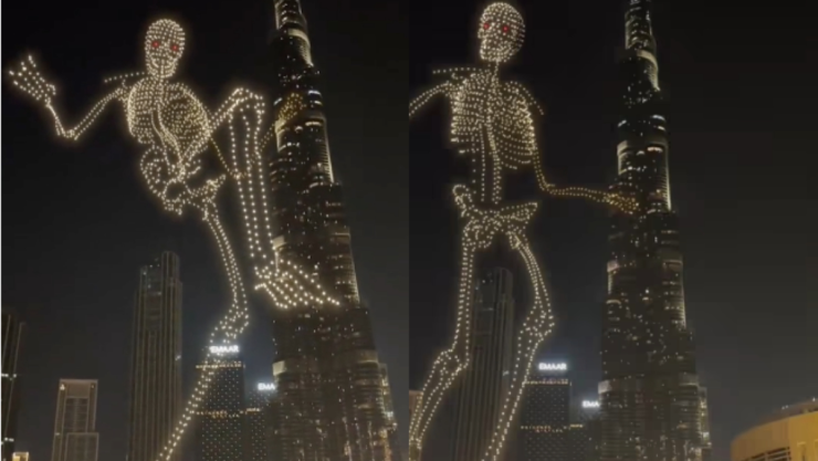 Video de un esqueleto recreado con drones en Dubái
