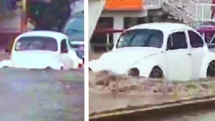 “Vocho” logra cruzar inundación tras intensas lluvias: Video