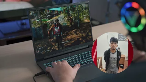 Sujeto con laptop con videojuego y foto de detenido en Bolivia por violación
