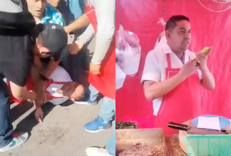 Taquero amenaza a clientes con un machete y lo someten contra el piso