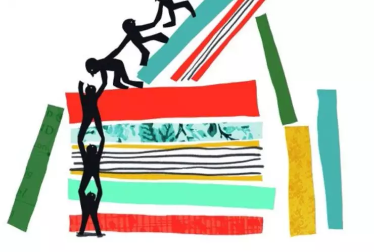 El logo de la Fiesta del Libro y la Rosa UNAM 2025 que incluye libros y pequeños humanos trepando por ellos.