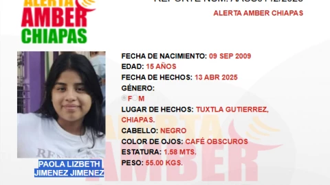 ALERTA AMBER CHIAPAS: Paola Lizbeth Jiménez Jiménez desapareció en Tuxtla Gutiérrez