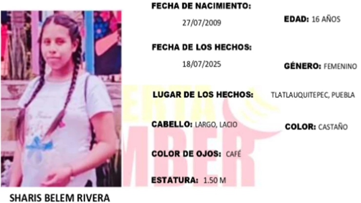 Sharis Belem Rivera reportada como desaparecida en Puebla