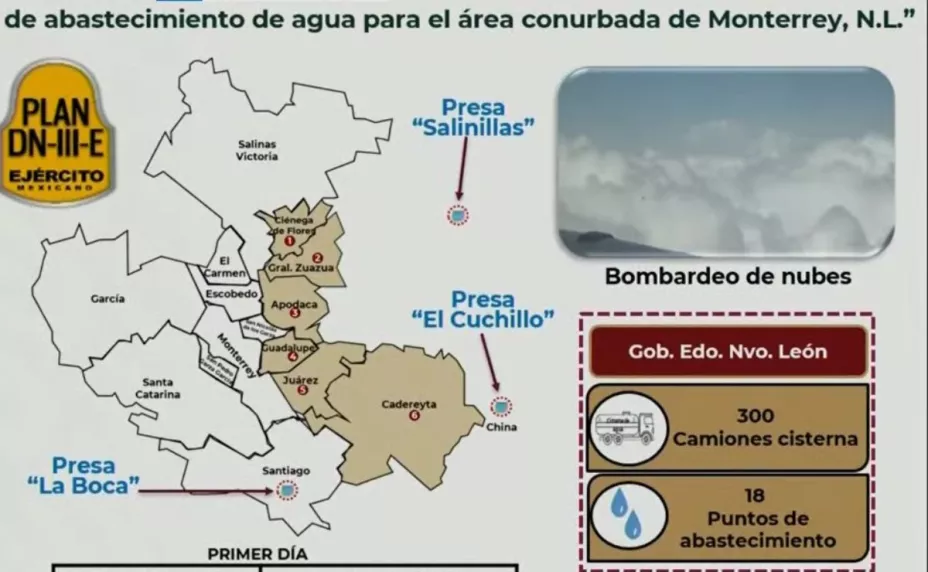 Avión de la Sedena bombardea nubes para generar lluvia en seis municipios de Monterrey.