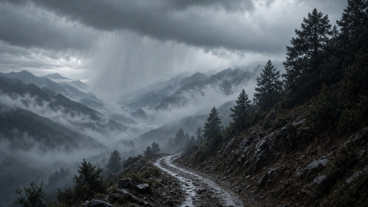 Montañas cubiertas de nieve y una densa capa de niebla