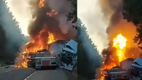Dos tráileres chocan y se prenden en llamas en plena carretera