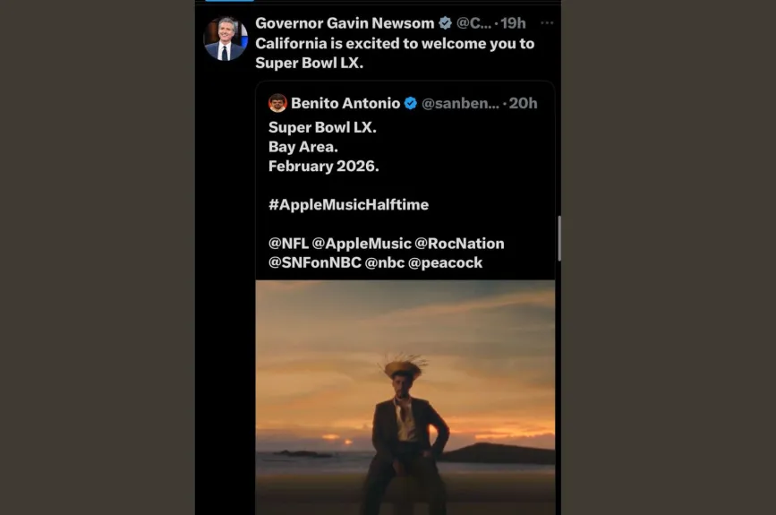 El anuncio de Bad Bunny en el Super Bowl también fue bien recibida en la clase política de Estados Unidos, pues el Gavin Newsom, gobernador de California, celbró la noticias: “California está emocionado de recibirte”, excribió en X.