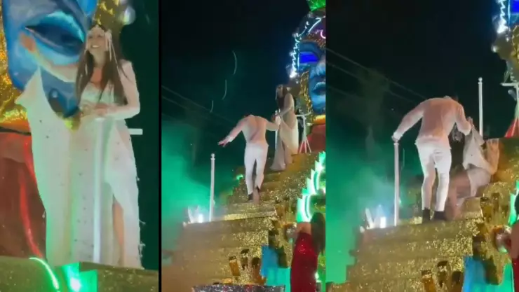 Galilea Montijo se cae durante el Carnaval de Mazatlán.