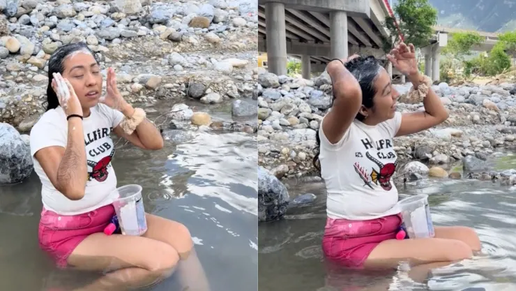 Joven se hace viral al bañarse en el río Santa Catarina por no tener agua