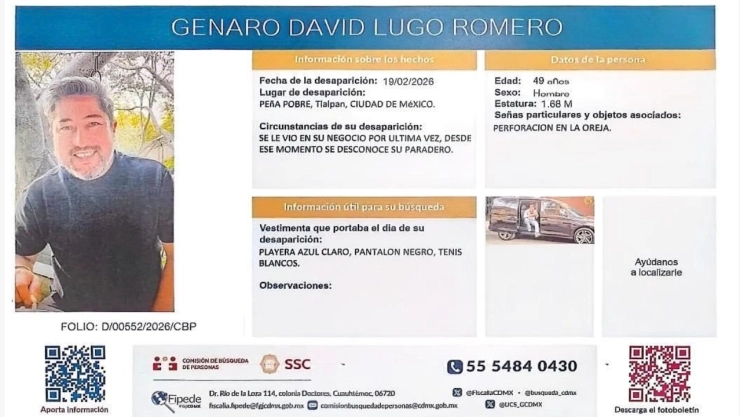 Buscan a Genaro David Lugo Romero desapareció en Tlalpan en febrero de 2026.