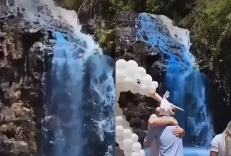 pareja tiñe cascada