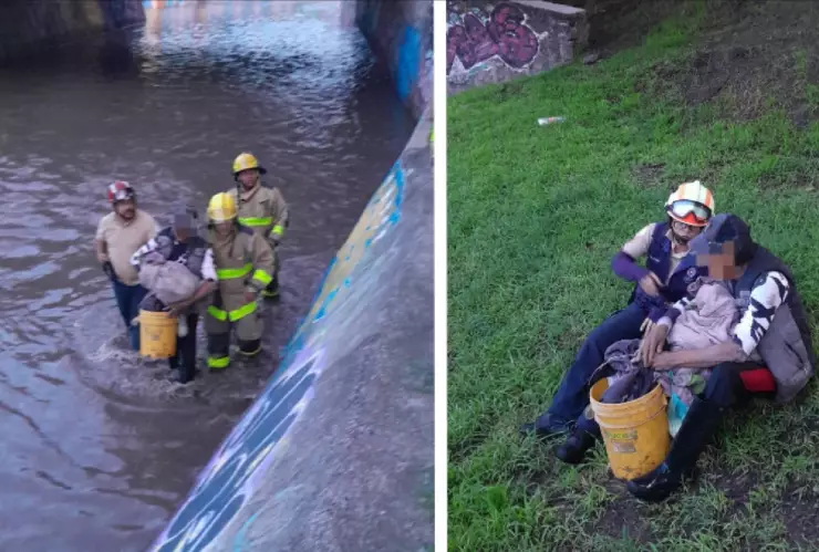 Hombre es rescatado de las aguas del Malecón del Río durante intensa lluvia en León.
