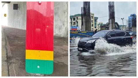 La señal para saber si es seguro cruzar un bajo puente inundado en Monterrey. En la imagen se observa, del lado izquierdo, un semáforo pluvial en un bajopuente de Monterrey, mientras que, de lado derecho, una camioneta pasa por una inundación tras una lluvia torrencial.