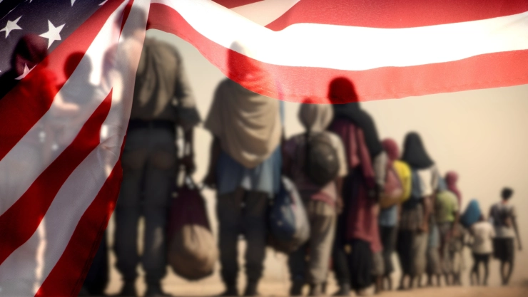 Un grupo de inmigrantes bajo una bandera estadounidense.