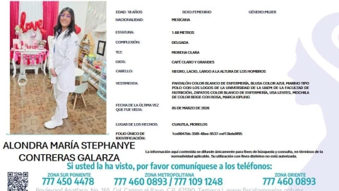 La estudiante de la UAEM, Alondra María Stephanye Contreras Galarza es estudiante de la UAEM, está desaparecida.